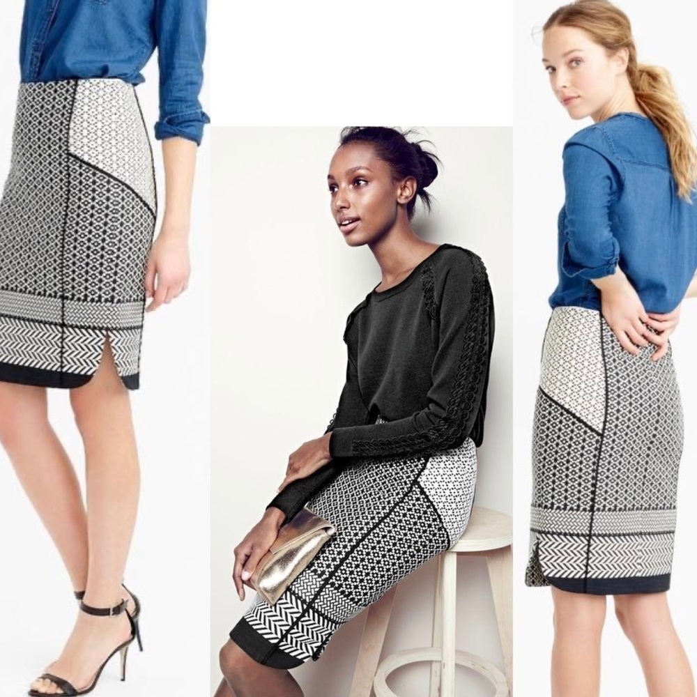 J.Crew black cream Geometric Jacquard Pencil Skirt Sz 10 NWOT